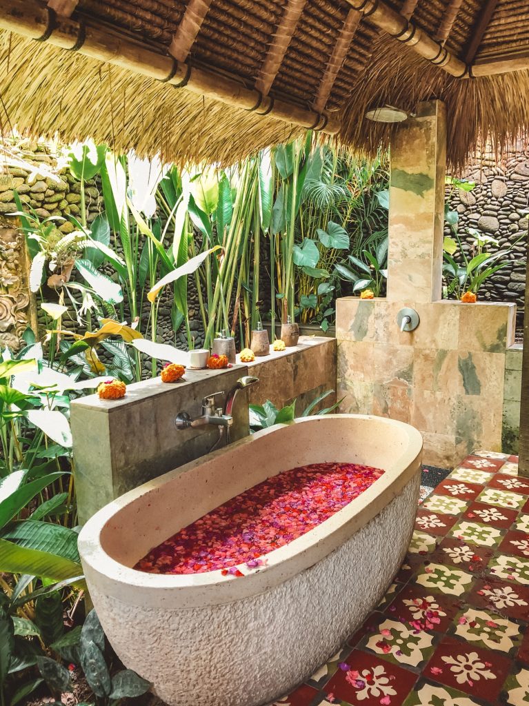 Bathtub full of flowers at the spa in Bali